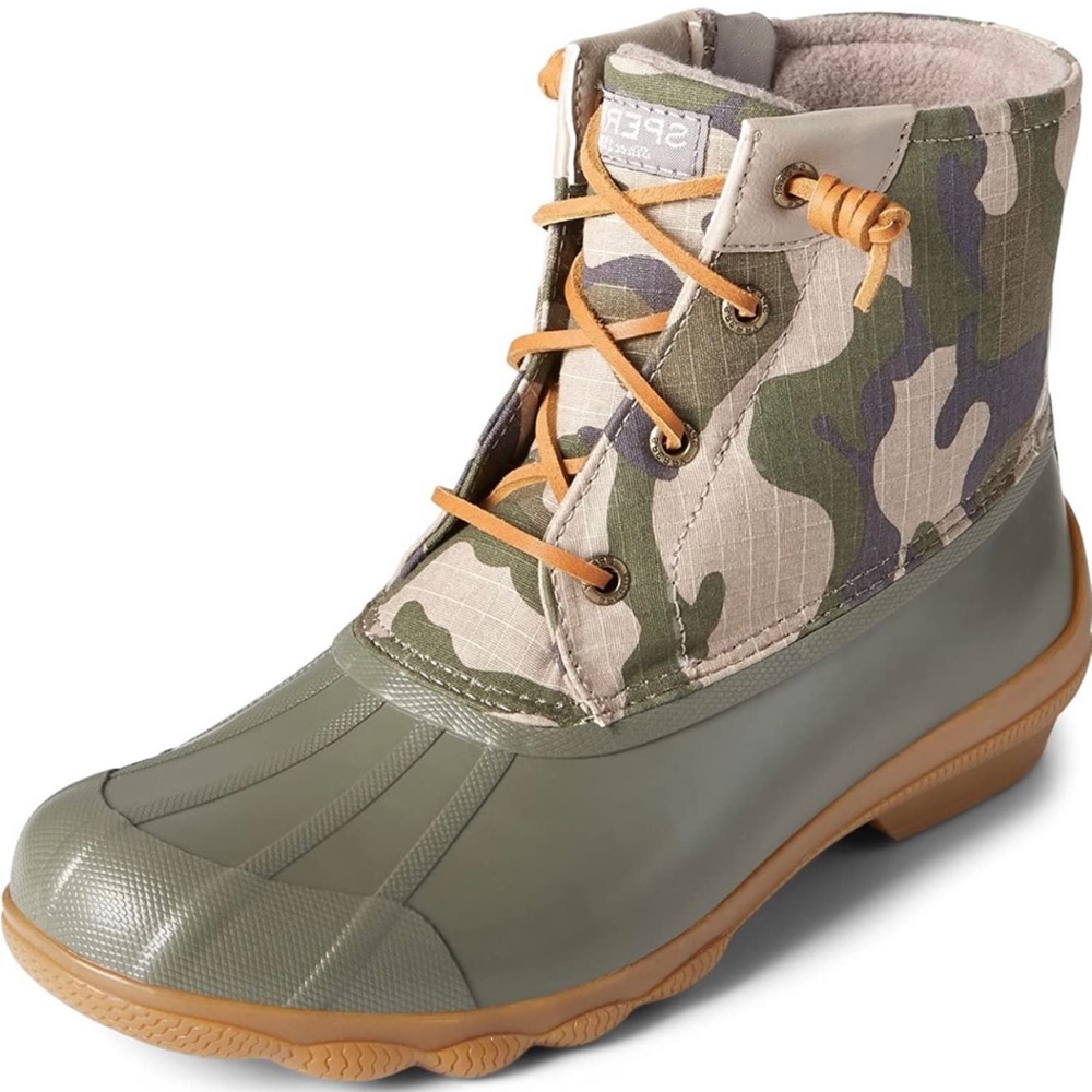 SPERRY TOP-SIDER Syren Gulf Camo Duck Toe Boot, Rain Boot, Green Camo, 10